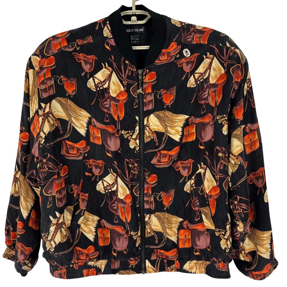 Vintage Silk Club Equestrian Print Bomber Jacket Large preppy